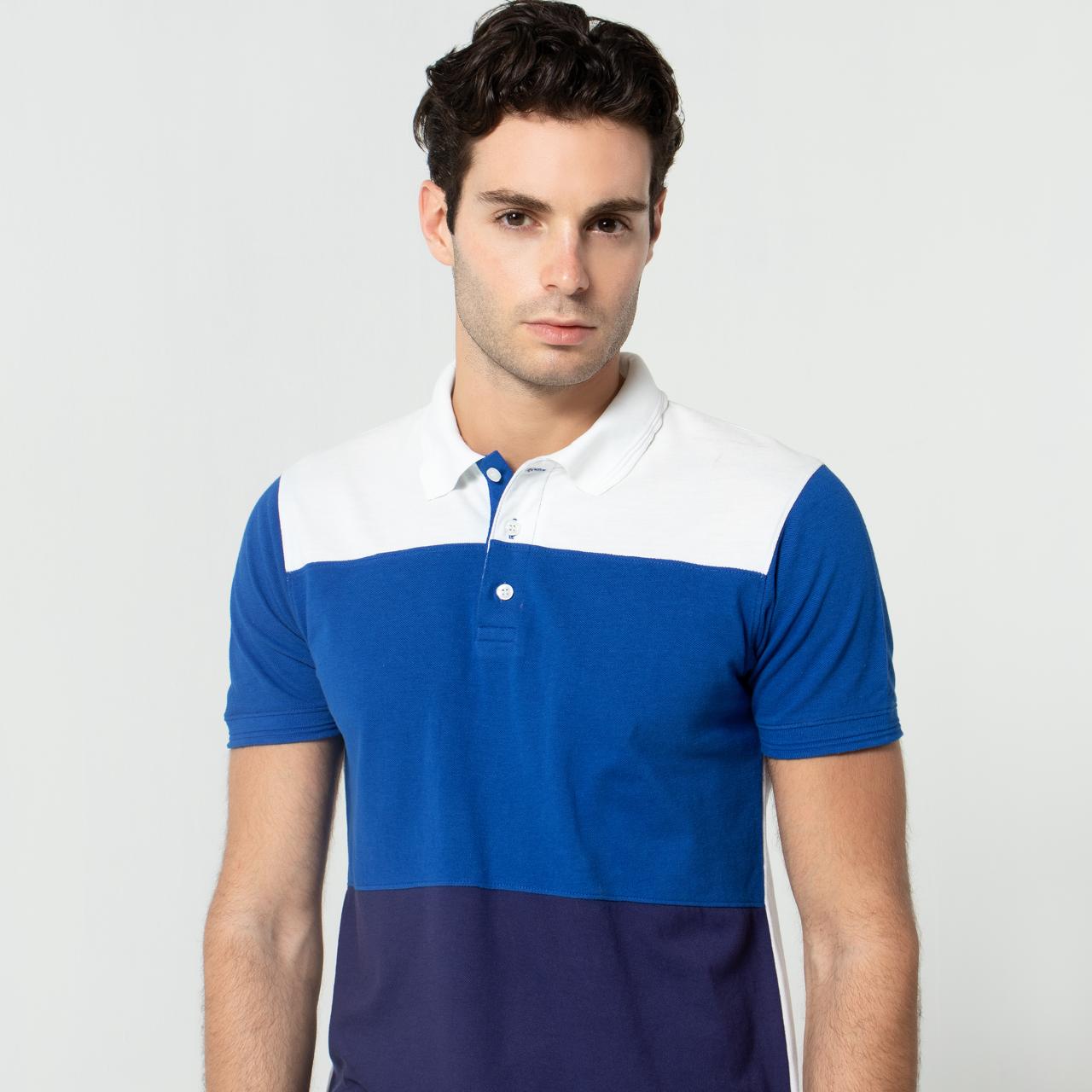 Men’s Color Block Polo Shirt – Blue & White Casual Slim Fit