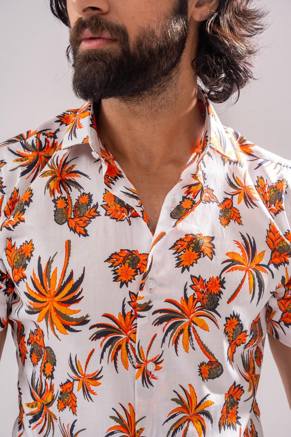 Printed Half Sleeves Shirt - White & Orange