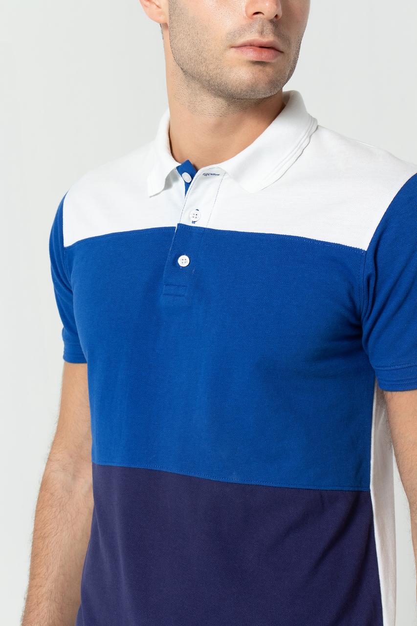 Men’s Color Block Polo Shirt – Blue &amp; White Casual Slim Fit