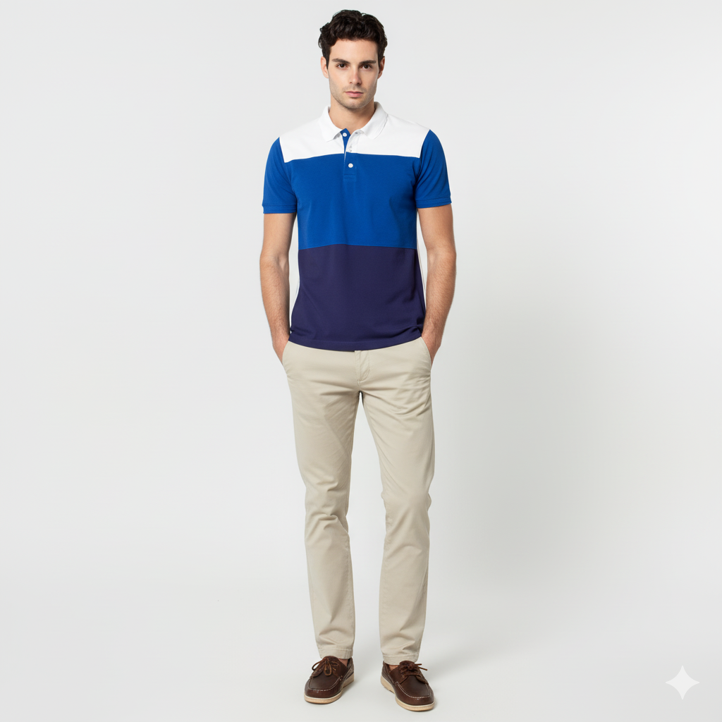 Men’s Color Block Polo Shirt – Blue &amp; White Casual Slim Fit