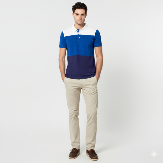 Men’s Color Block Polo Shirt – Blue &amp; White Casual Slim Fit